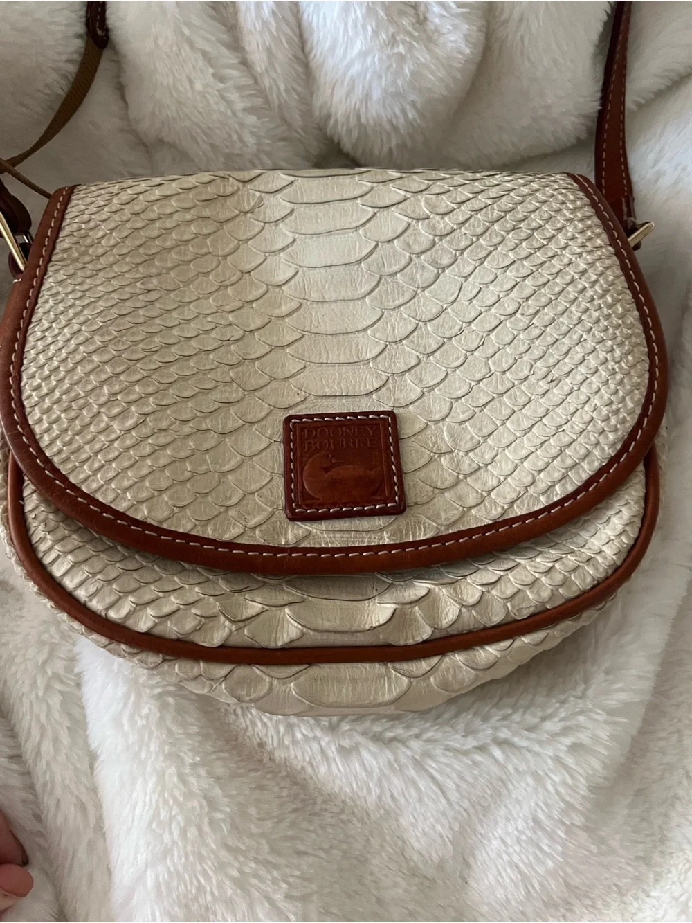 Dooney Crossbody Saddle Bag Vintage Embossed Cream/Bone white w/Brown Trim - Picture 2 of 16
